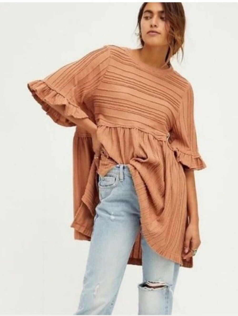 Free People Rust Ruffle-Sleeve Tunic